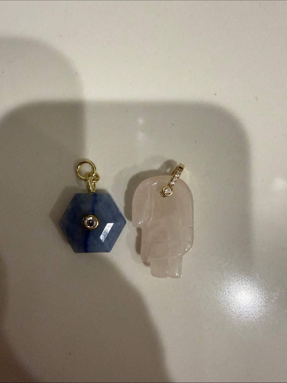 Gold Accent Rose Quartz and Blue Stone Pendant Charms